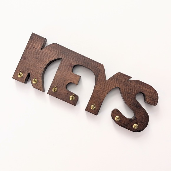 Wooden Ships Other - Vintage Wood Keys Word Sign w/Brass Hooks Holder Wall Rack Rustic MCM